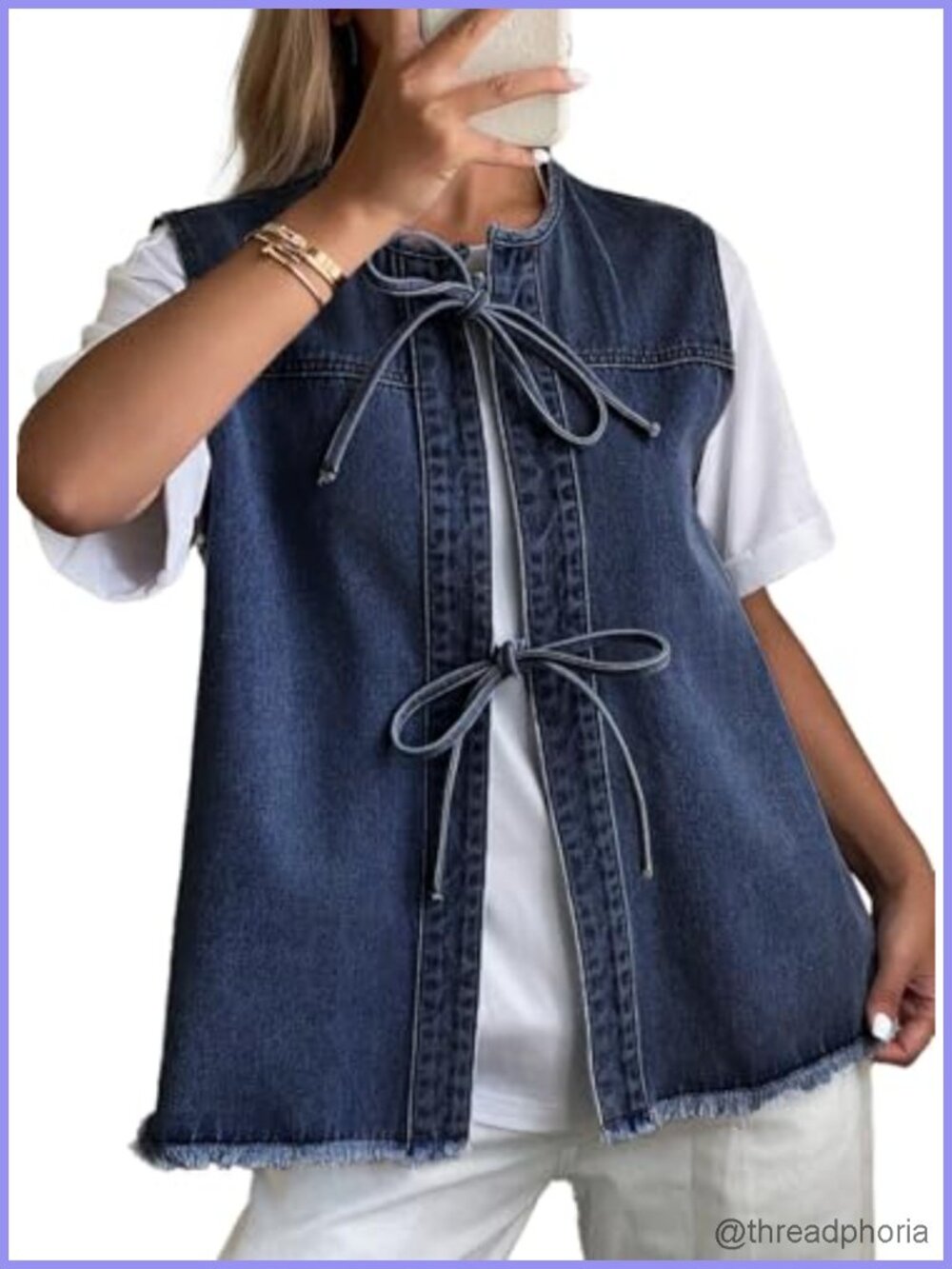 Women's Distressed Denim Vest Adjustable Bow Tie Sleeveless Corset Henley Top